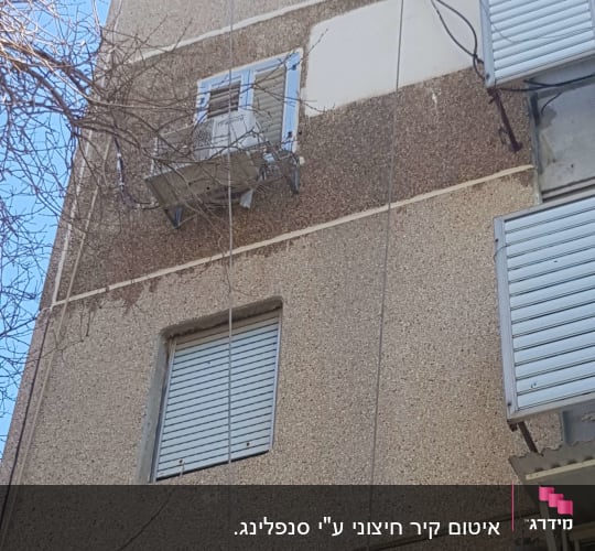 יחידת מיזוג אוויר מותקנת על קיר חיצוני של בניין